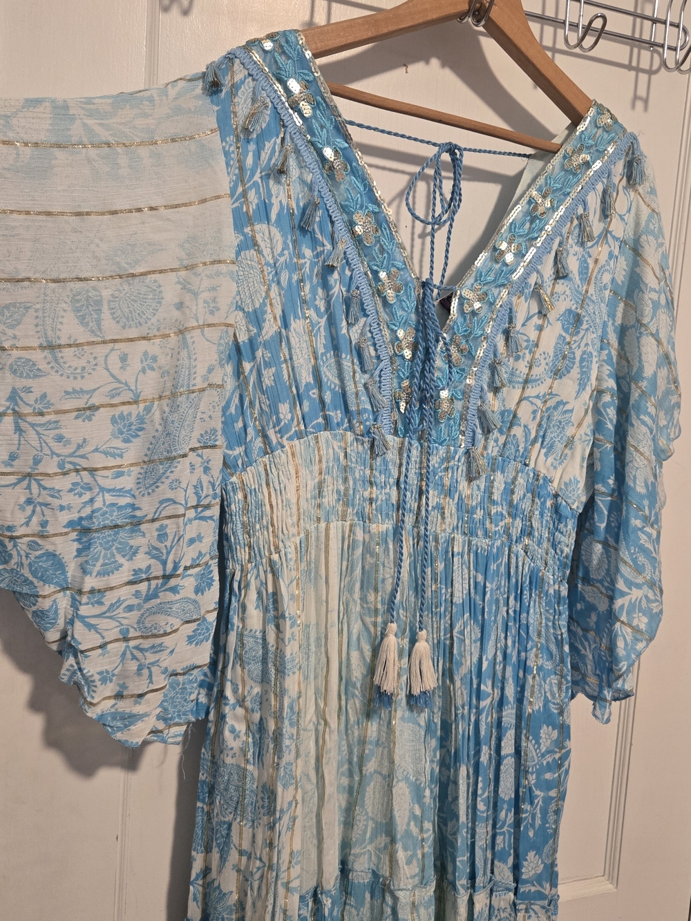 Light Blue Floral Boho Maxi Dress with Sequin Trim - Picture 7 of 10